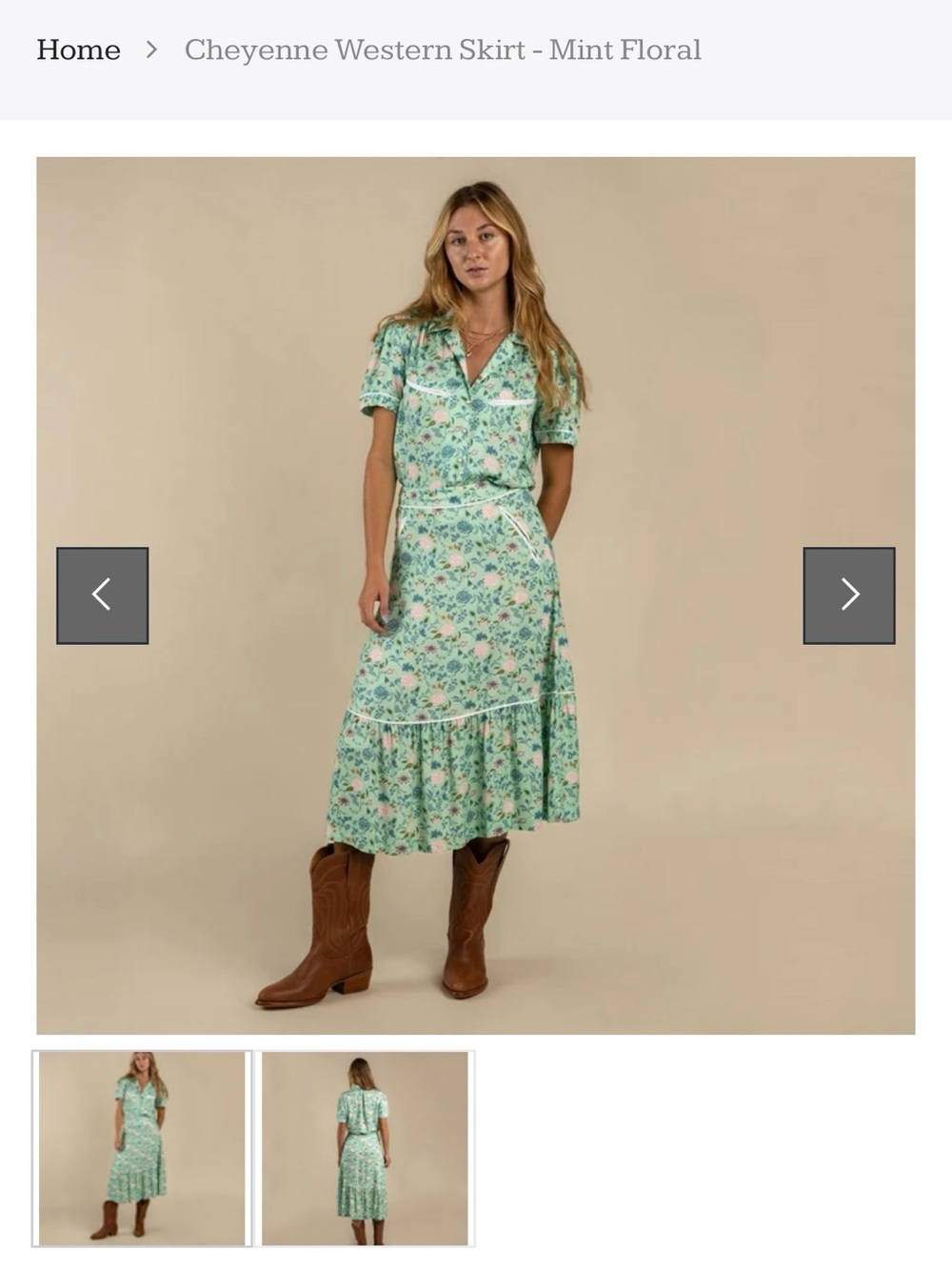 Sendero Mint Floral Tiered Western Yoke Midi Skirt